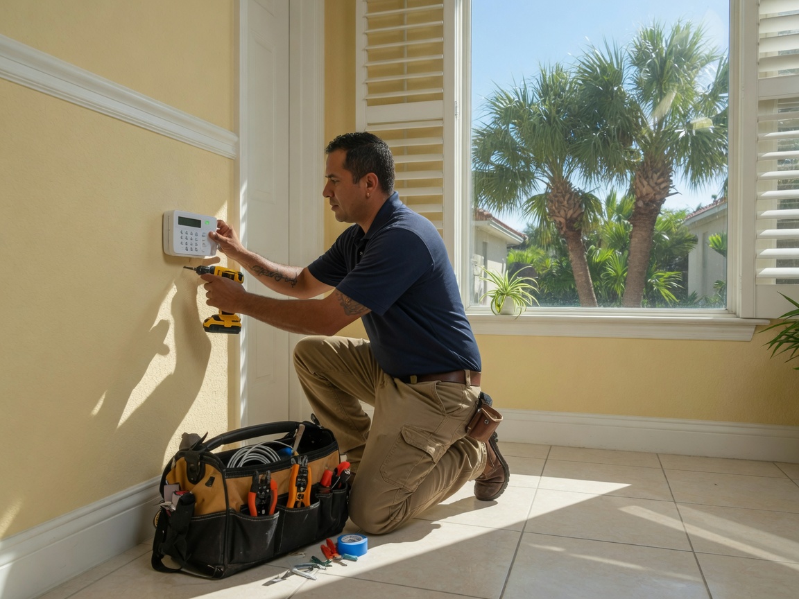 Professional installer setting up a home security keypad